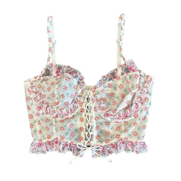 For Love & Lemons Blooms Bustier White Pink Floral Embroidered Lace Size 36D - Picture 6 of 16